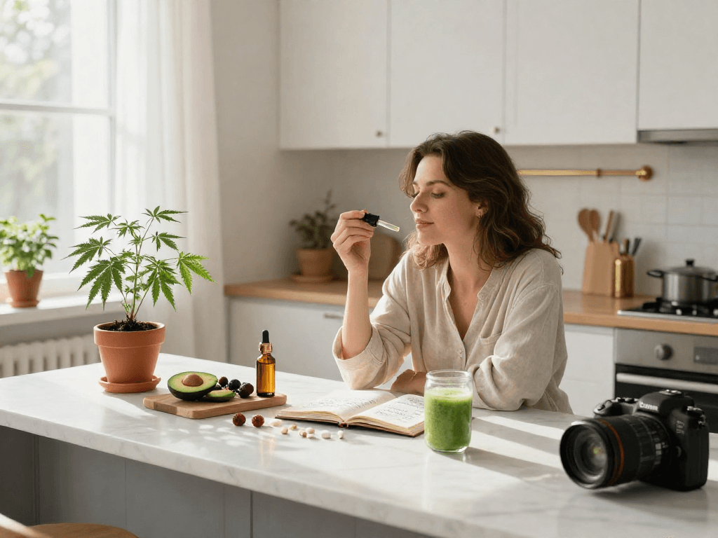 site paris sportif France, huile de CBD de qualité, bien-être naturel, extrait de chanvre bio dans une cuisine lumineuse