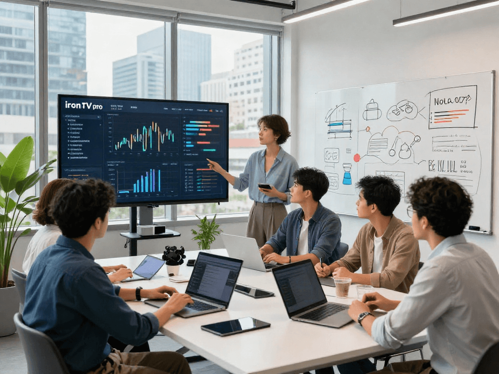 Team working on Iron tv pro metrics in a modern tech office