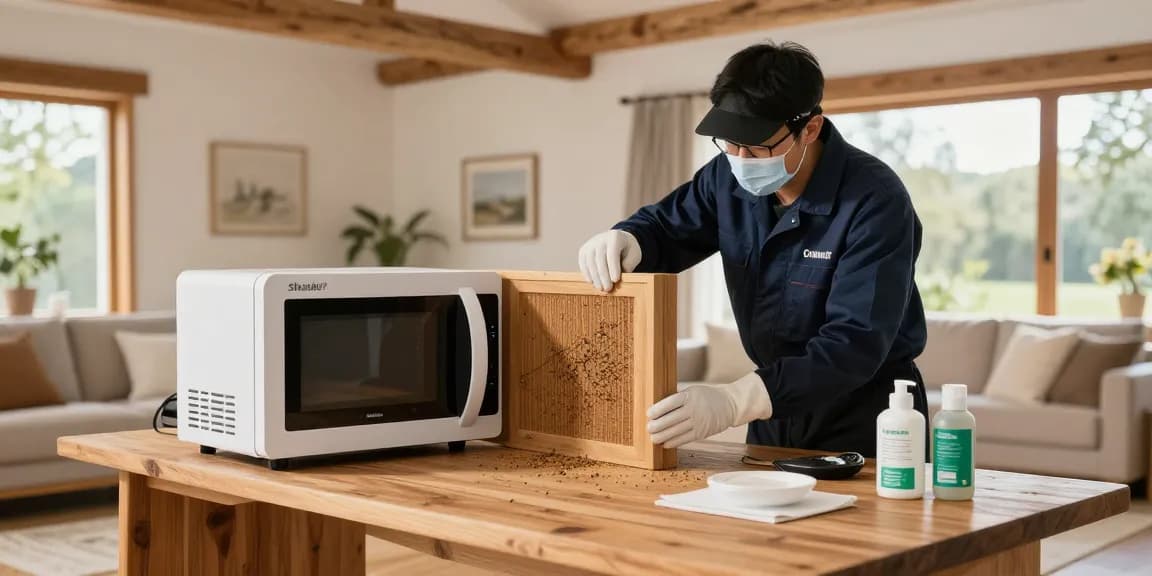 Traitement des vers à bois avec Shashel® dans un intérieur moderne, technicien en combinaison de protection.