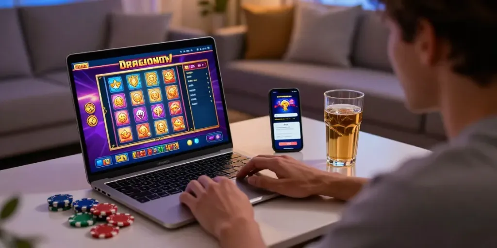 Joueur sur https://studiobarw.com/ découvrant les jeux captivants du casino Dragonia dans une ambiance chaleureuse.