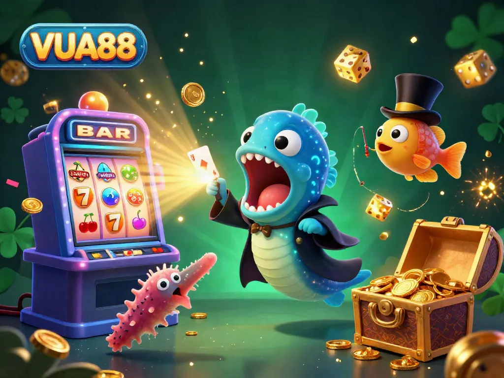Join the excitement with VUA88 as a deep-sea gulper eel performs dazzling card tricks in a vibrant casino scene.