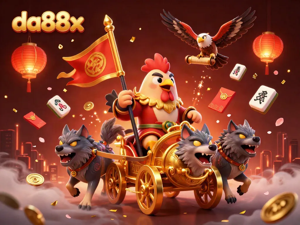 Experience da88x gaming with a vibrant scene featuring a rooster warlord and dynamic casino elements.