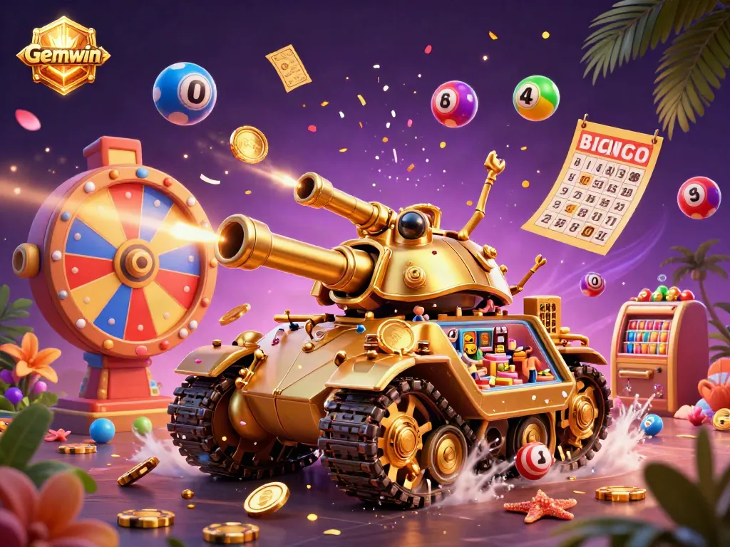 Experience Gemwin's thrilling casino world with vibrant lottery balls and golden gaming elements.