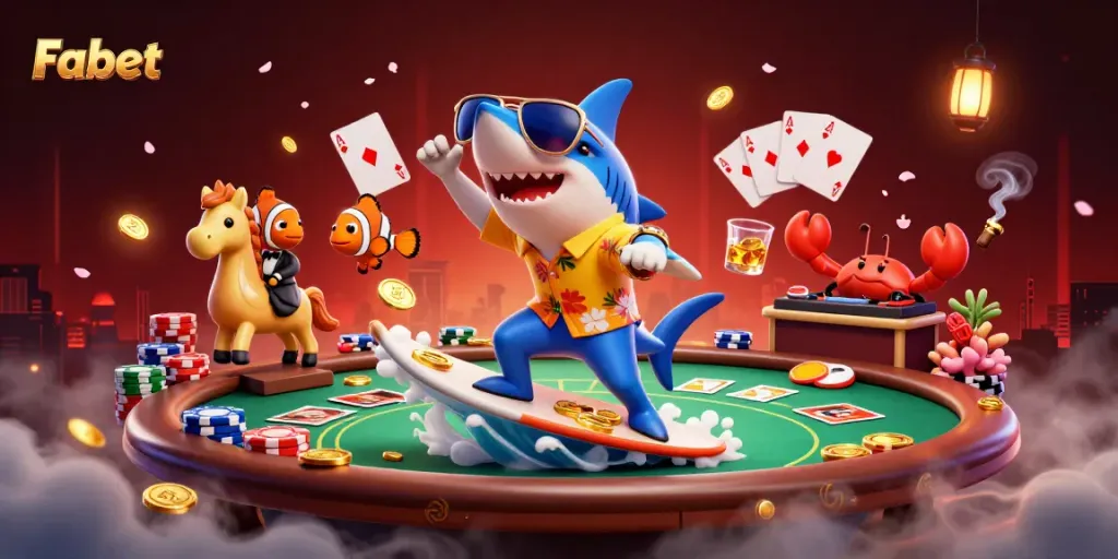 Fabet delivers thrilling casino action with a shark surfing gold coins amid vibrant poker elements.