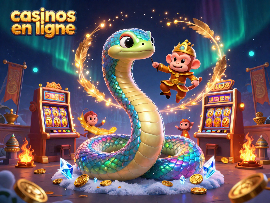 Explorez les casinos en ligne avec un dragon coloré et un roi singe entourés de pièces d'or scintillantes.