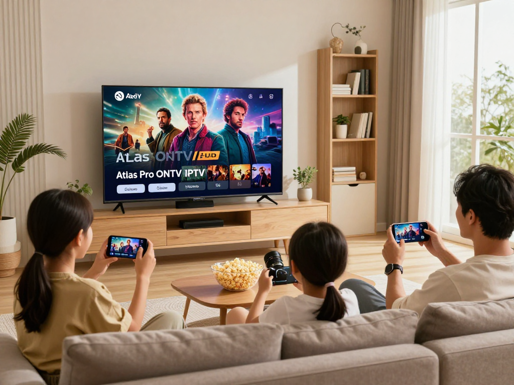 Famille profitant d'Atlas pro ontv sur Smart TV avec ambiance chaleureuse.