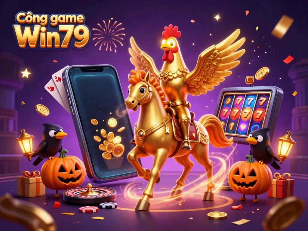 Experience the thrill of Cổng game Win79 with a golden rooster and casino elements in a magical scene.