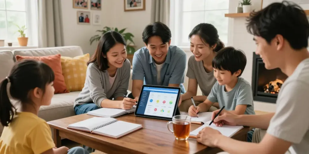 Scène familiale avec tâches partagées aidants autour d'une application de coordination.