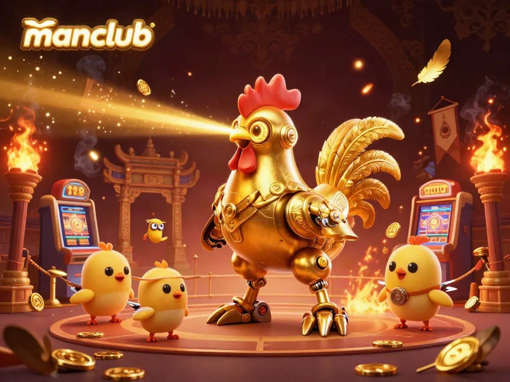 Experience thrilling gameplay at Manclub with a golden rooster robot and vibrant casino elements.