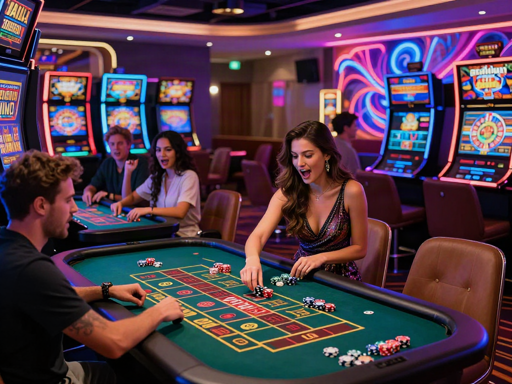 Des joueurs enthousiastes dans un casino en ligne, mettant en valeur le top casino en ligne avec une ambiance festive et des machines à sous colorées.
