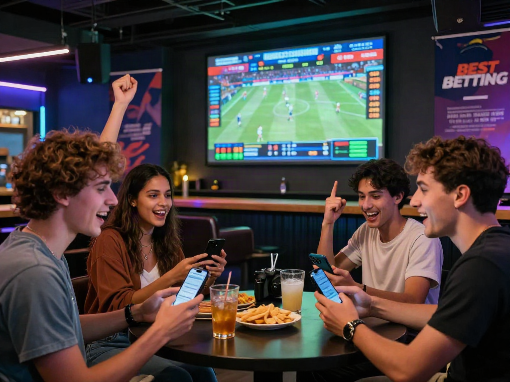 Meilleur site de pari en ligne dans un bar vibrant où des amis placent des paris sur des événements sportifs en direct.