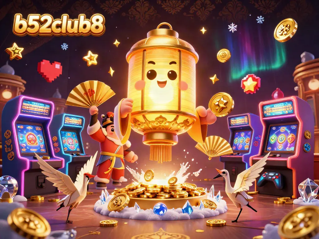 Experience thrilling gameplay at b52club8 with vibrant 3D casino elements, glowing symbols, and exciting arcade machines.