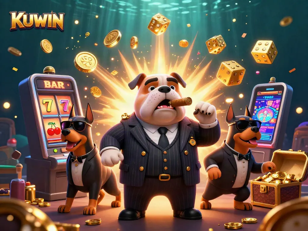 Engage with KUWIN Casino’s lively scene featuring a bulldog boss and huge slot machines bursting with prizes.