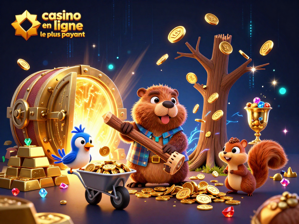 Illustration d'un castor bûcheron avec des pièces d'or tombant, pour casino en ligne le plus payant.
