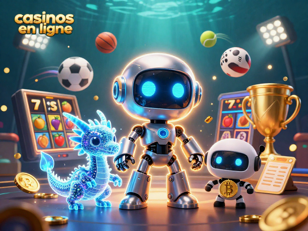 Jouez sur des casinos en ligne avec un robot cyberpunk et un dragon holographique dans un univers dynamique.