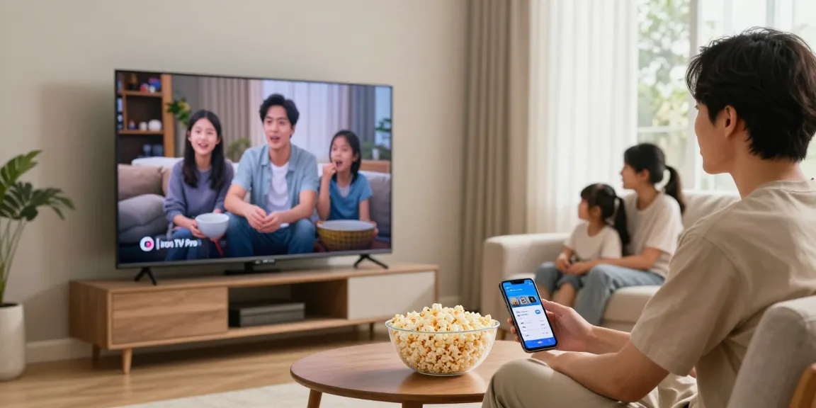 Regardez Iron TV Pro sur votre Smart TV avec du popcorn dans un salon moderne.