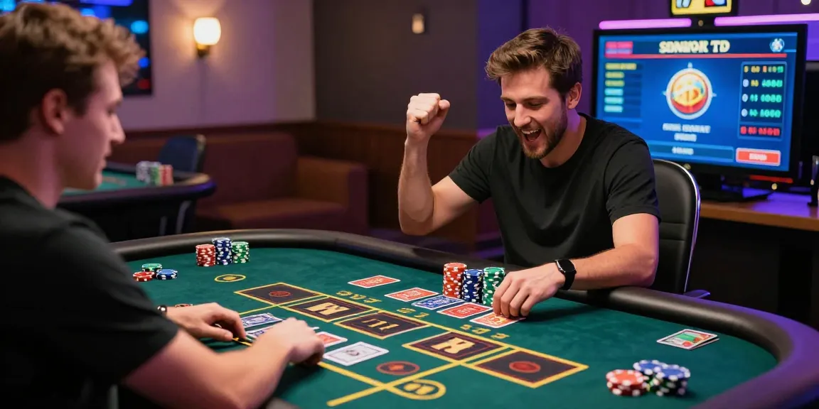 Un joueur célébrant une victoire sur un casino en ligne français, ambiance dynamique et colorée.