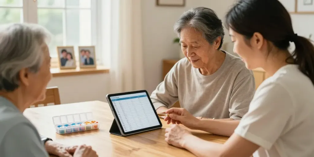 Suivi des médicaments chez les personnes âgées avec un aidant utilisant une tablette à la maison.