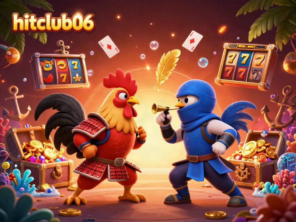 Fight for the jackpot with hitclub06 as roosters battle it out in a vibrant casino-themed scene.