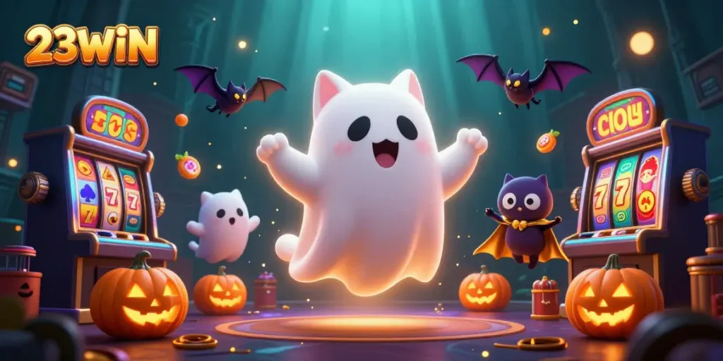 Experience the excitement of 23WIN in a haunted casino scene with ghostly characters and dynamic slots.