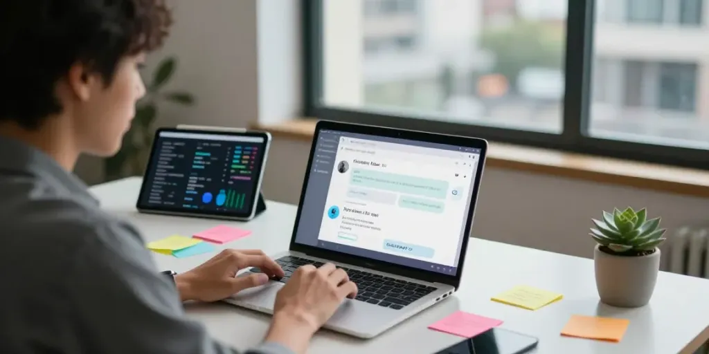 Engaging in unfiltered AI chat on a sleek laptop in a modern workspace.