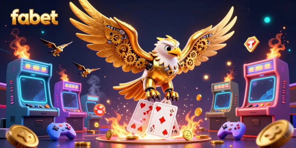 Experience the thrill of fabet with a dynamic 3D illustration of an eagle and arcade games.