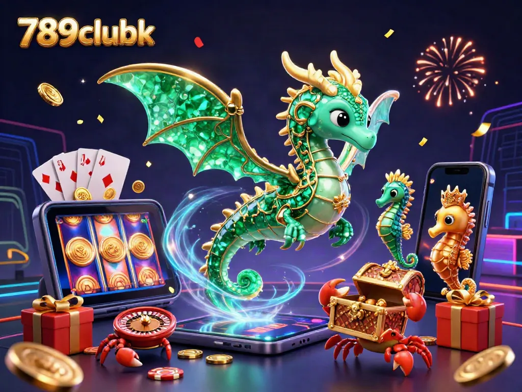 Engage with 789clubk's vibrant casino experience featuring a sea dragon, slot games, and dazzling gold coins.