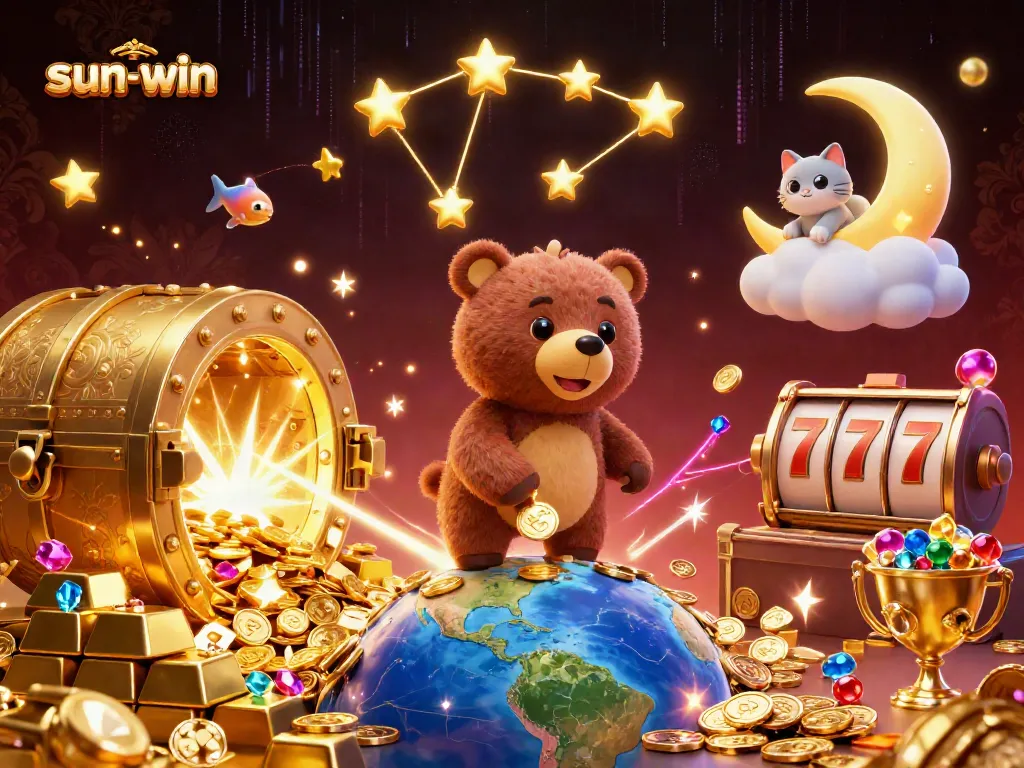 Engage with the sun-win universe as celestial characters gather treasure in a vibrant casino scene.