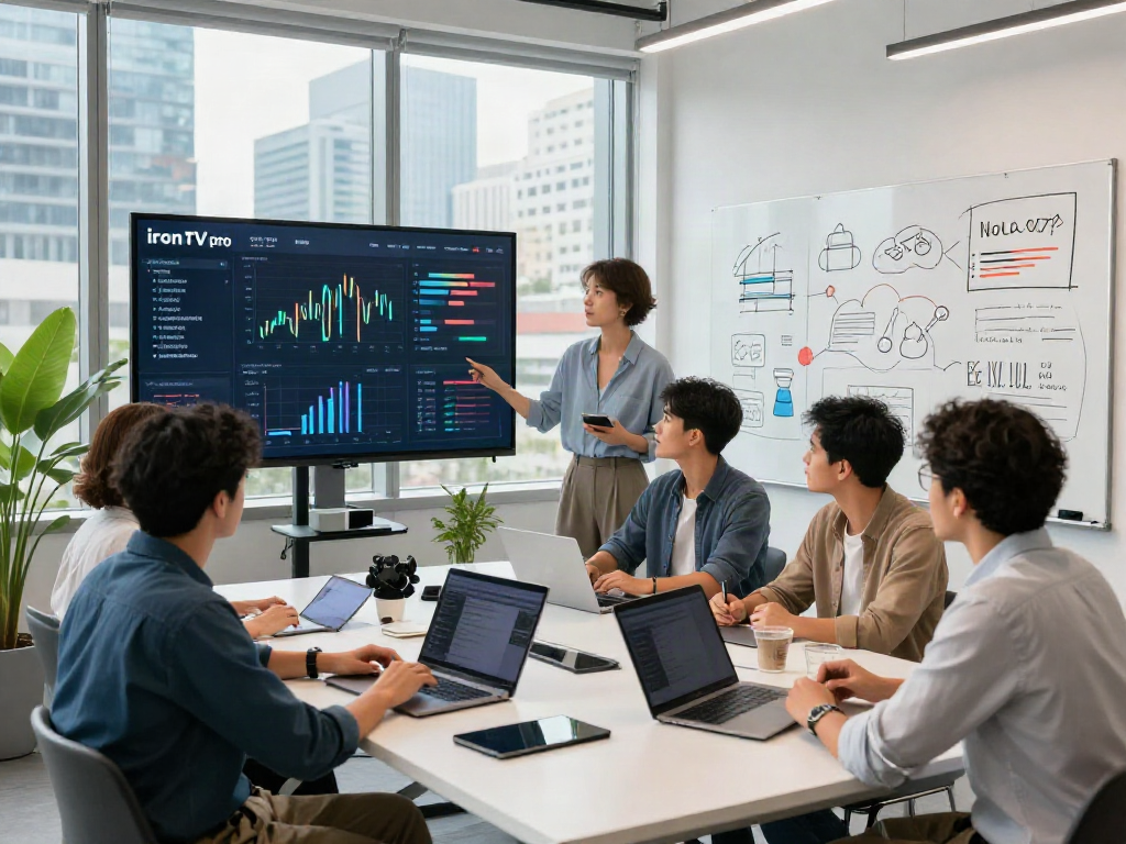 Team working on Iron tv pro metrics in a modern tech office