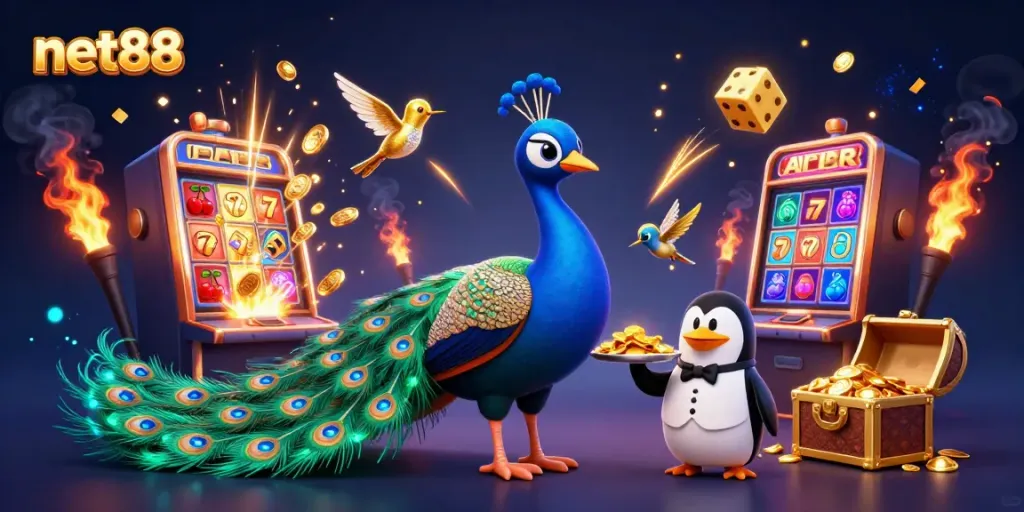 Experience net88's gaming excitement with an illustrated casino scene featuring vibrant characters and jackpot action.