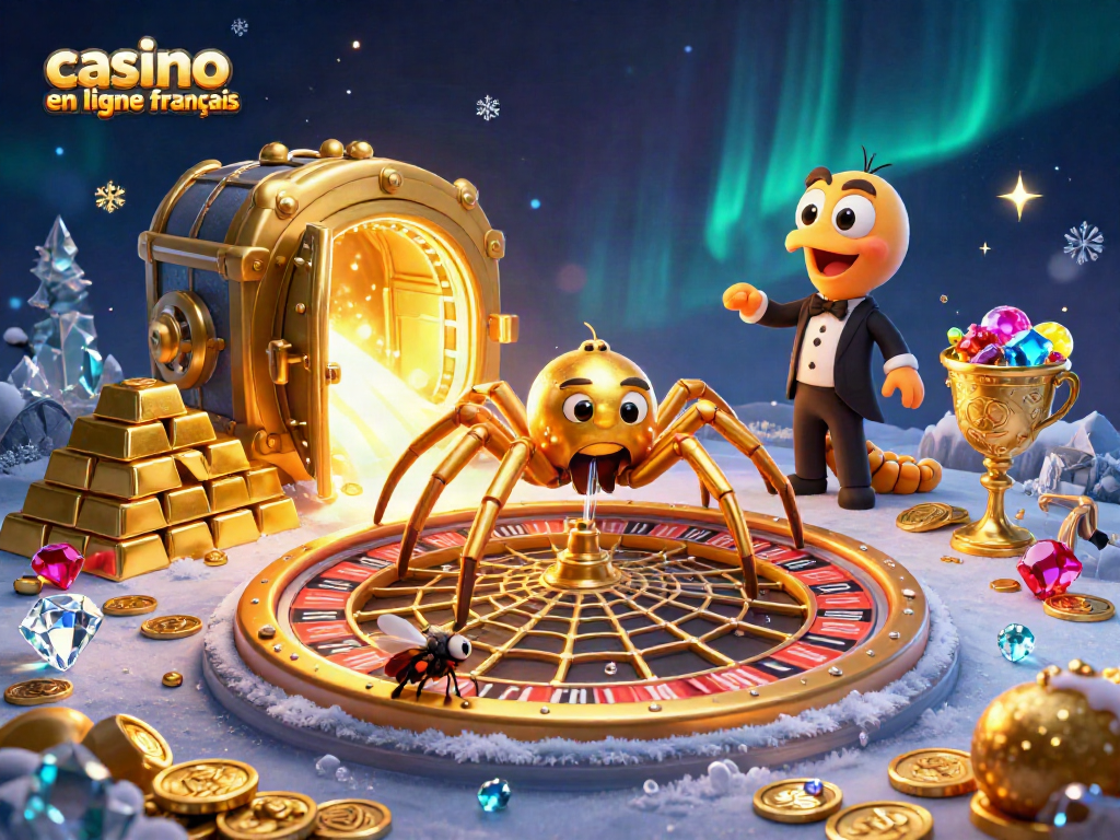 Découvrez le jeu au casino en ligne français avec une illustration captivante d'une araignée dorée sur une roulette.