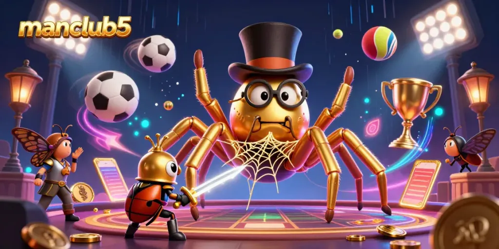 manclub5 showcases an epic scene with a golden tarantula, beetle knight, and dynamic sports elements.
