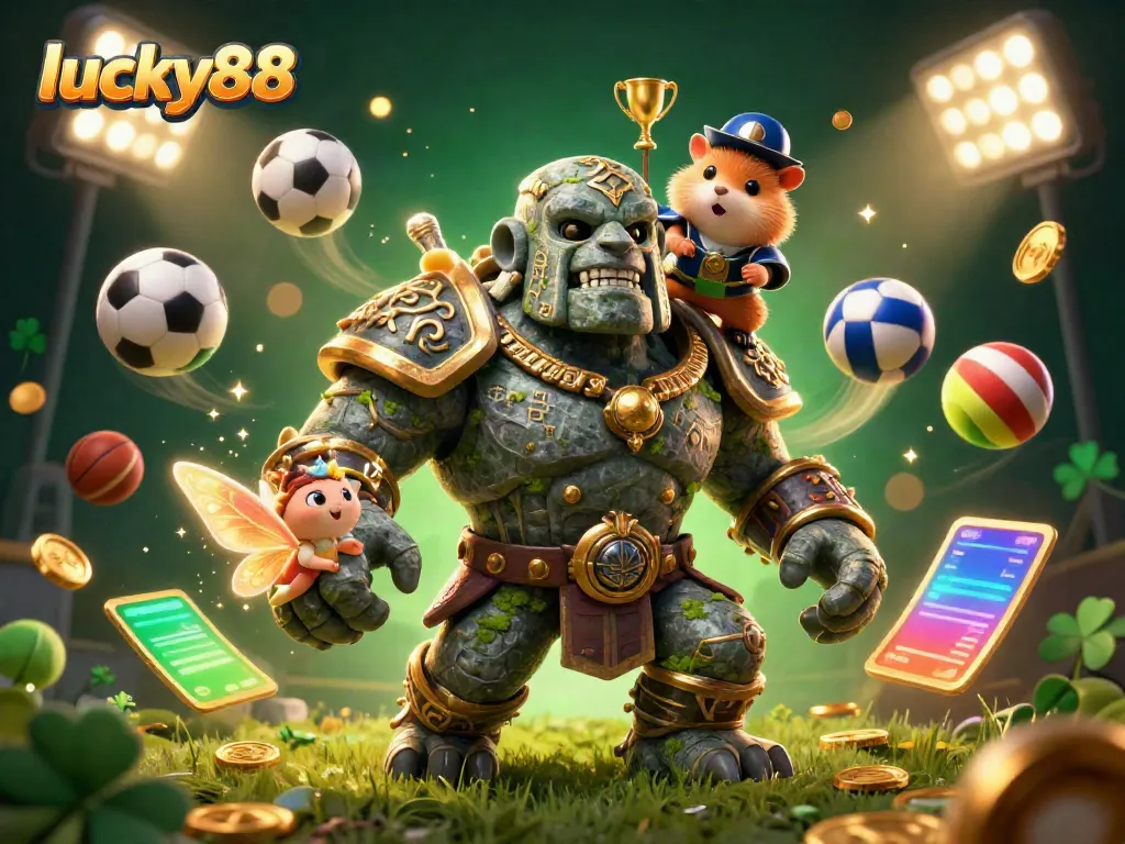 Experience thrilling adventures at lucky88 with magical golem, fairy, and sports action, creating an enchanting scene.