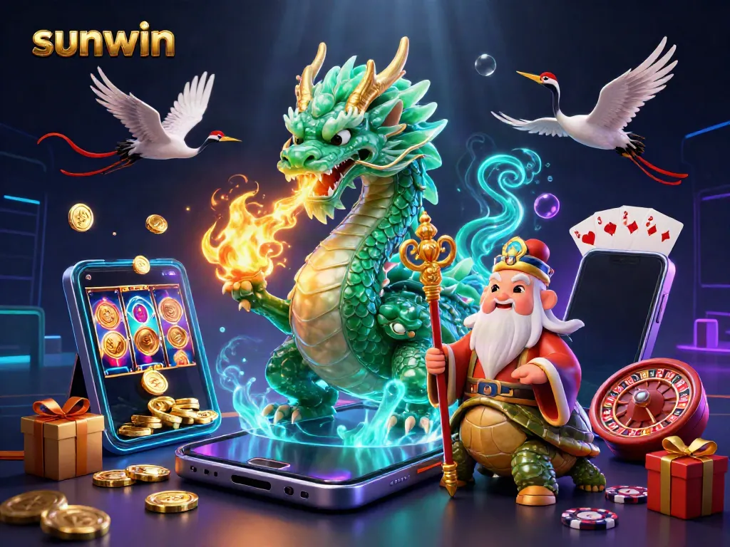 Engage in thrilling gameplay with sunwin's vibrant casino elements featuring a jade dragon and lucky cranes.