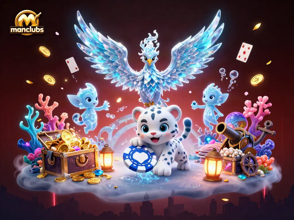 Experience thrilling gameplay at manclubs with a vibrant scene of an ice phoenix, casino elements, and engaging characters.