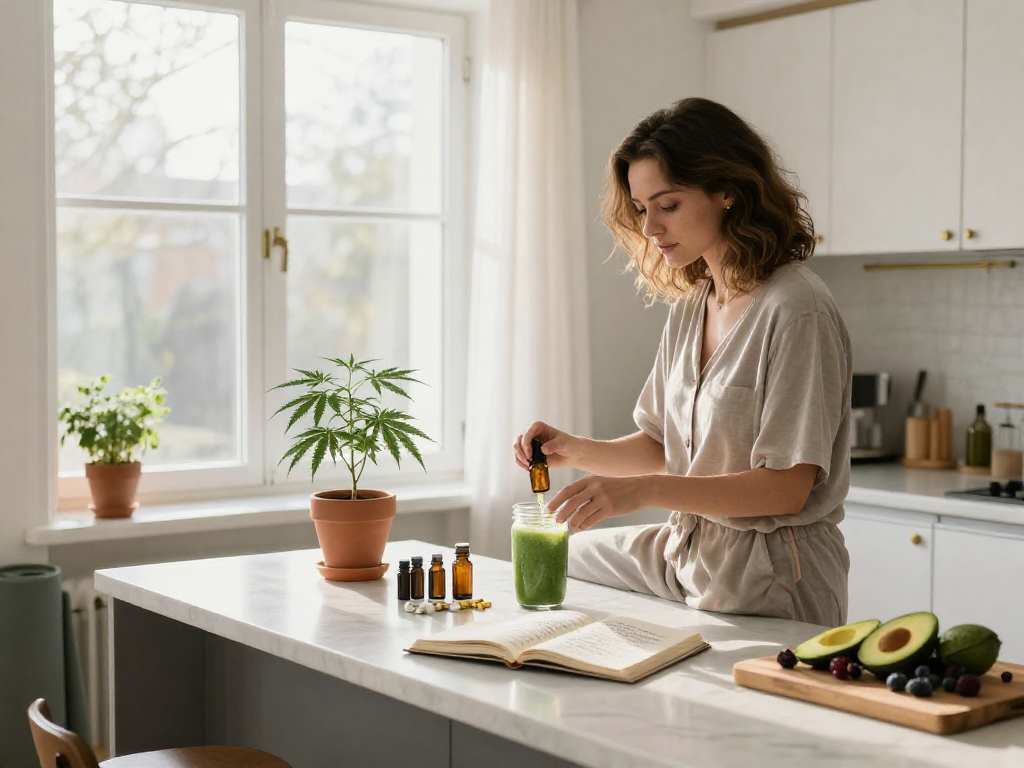 Casinos en ligne avec routine de bien-être au CBD, huile naturelle, plantes, et journal de santé.
