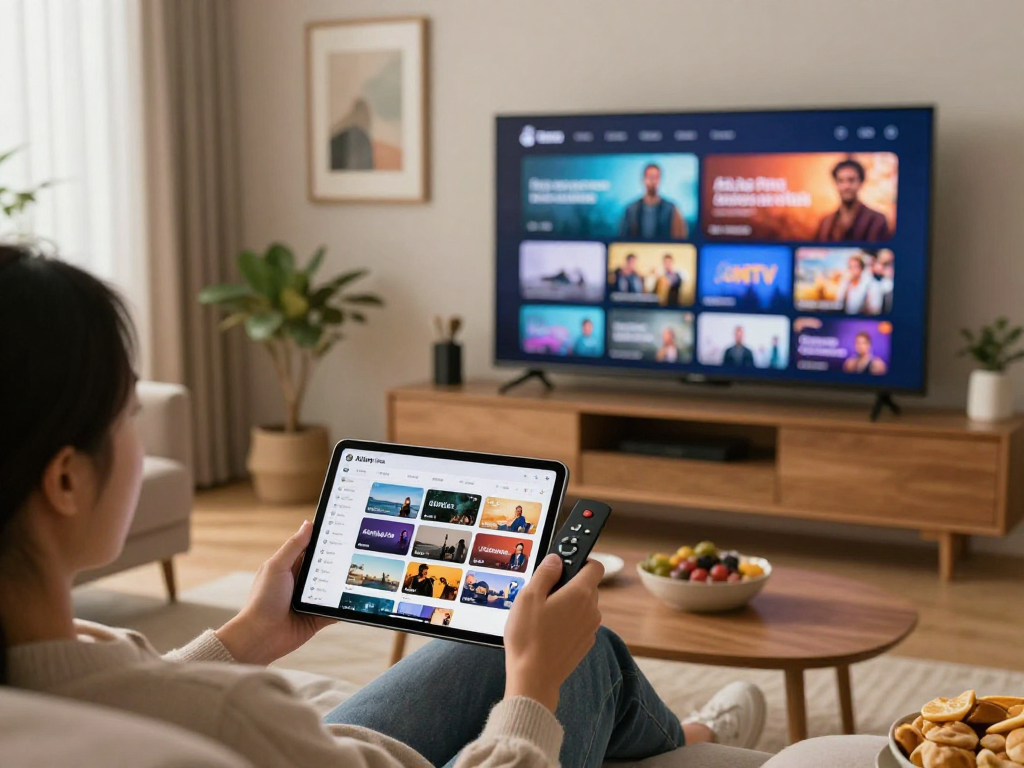 Vision de l'utilisateur d'Atlas Pro ONTV naviguant dans l'application IPTV sur une tablette dans un salon confortable.