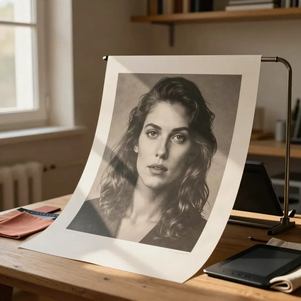 Portrait imprimé grand format avec tablette éteinte, stylet et housse textile dans un atelier chaleureux.