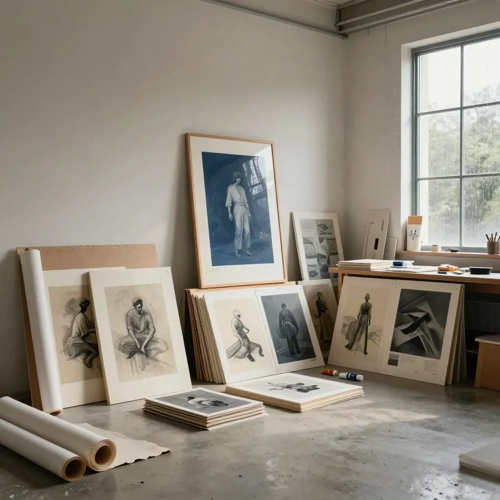 Atelier d’illustration cinématographique avec planches, carnets et tirages sous une lumière après la pluie.