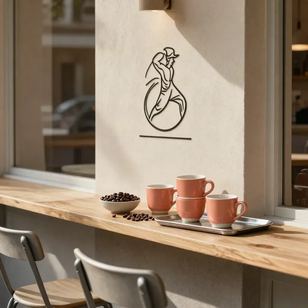 Façade de café avec enseigne illustrée, tasses en céramique et grains, terrasse vide au soleil.