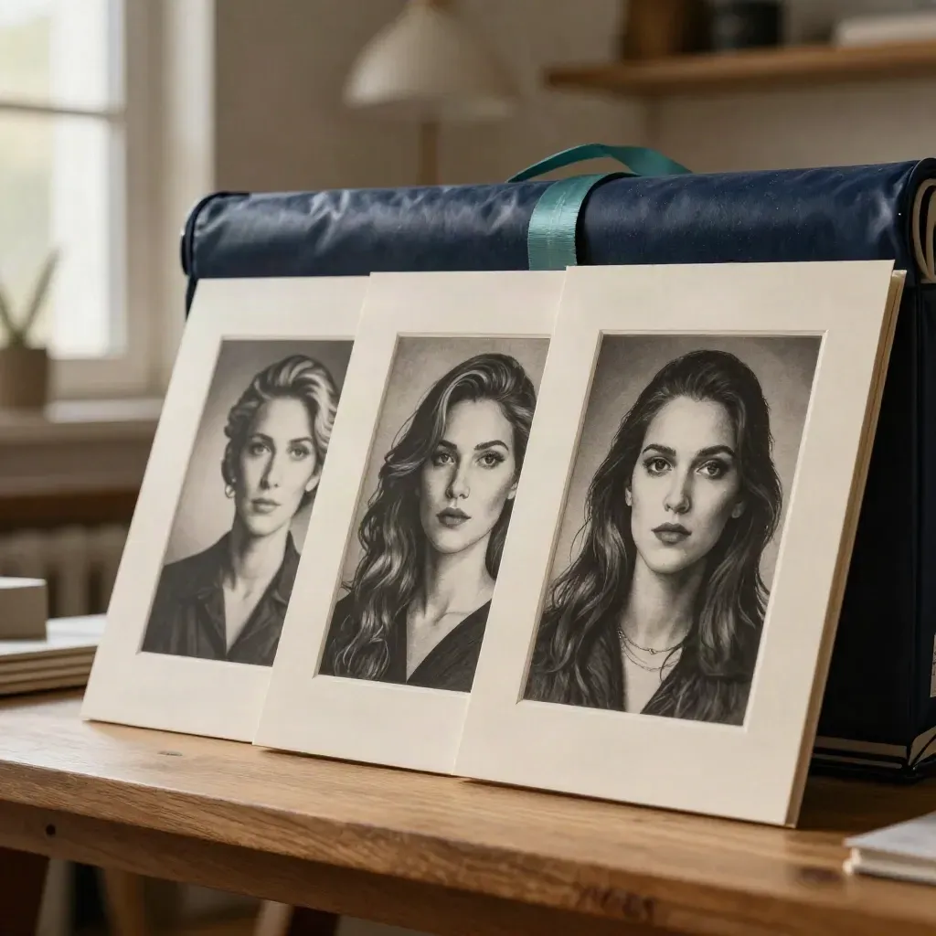Triptyque de portraits imprimés, tube d’envoi ouvert, lumière chaude d’atelier.