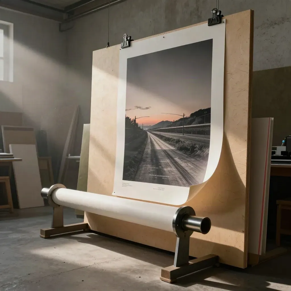 Grand poster éditorial sur panneau brut, rouleau de tirage et pinces métal dans une ambiance cinématographique.