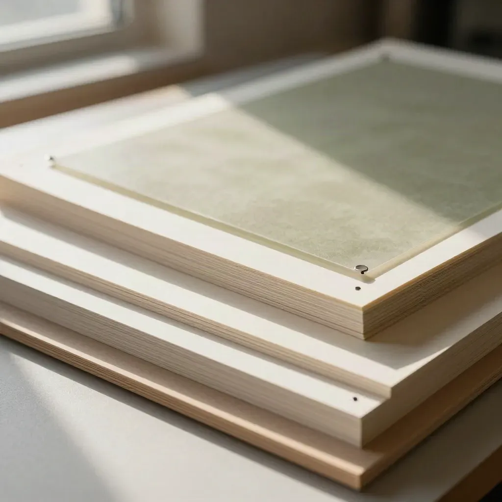 Gros plan de gabarits de mise en page, calque, attaches métal et bord de planche crème.