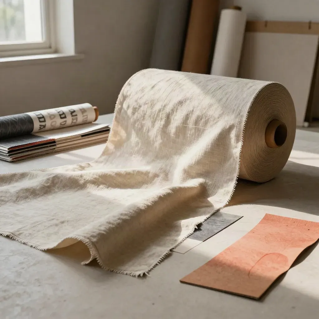 Rouleaux d’étoffe et échantillons imprimés dans un atelier textile cinématographique.