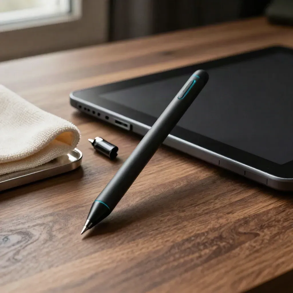 Stylet graphique, tablette éteinte et chamoisine sur un plan de travail en bois, lumière dramatique.
