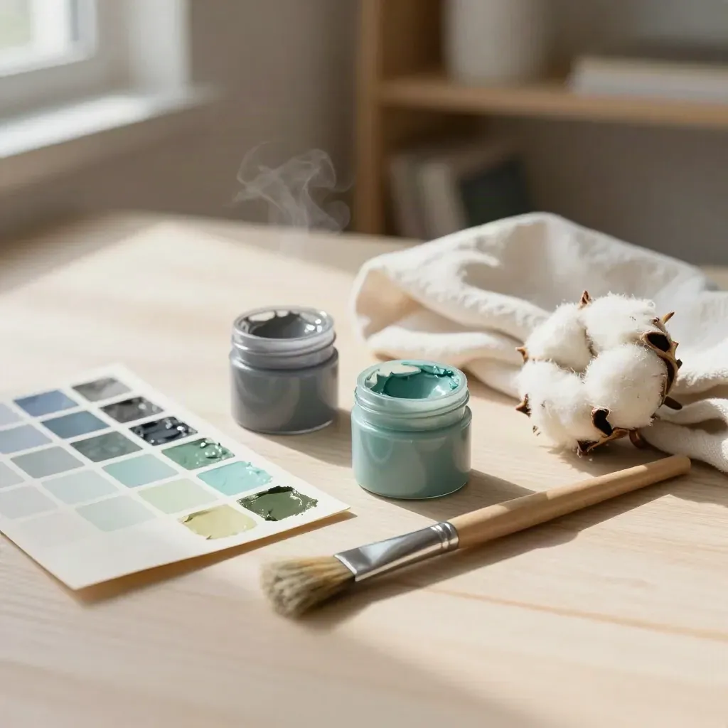 Godets de gouache, nuancier, pinceau plat et chiffon sur bois clair, lumière douce.