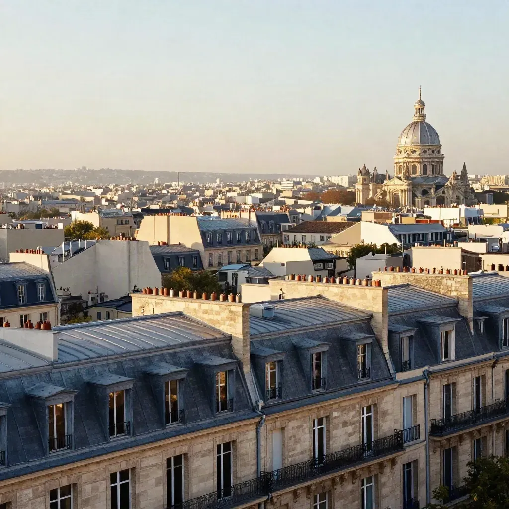 Paris vu d’une toiture de pierre, dômes et toits d’ardoise dans une lumière dorée.