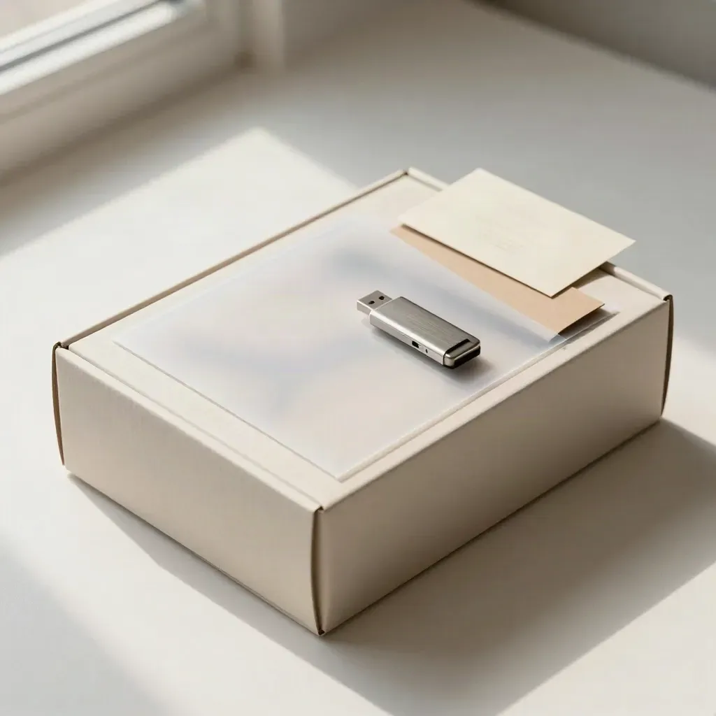 Boîte de livraison crème avec pochette d’archives, clé USB métal et carton protecteur sur fond clair.