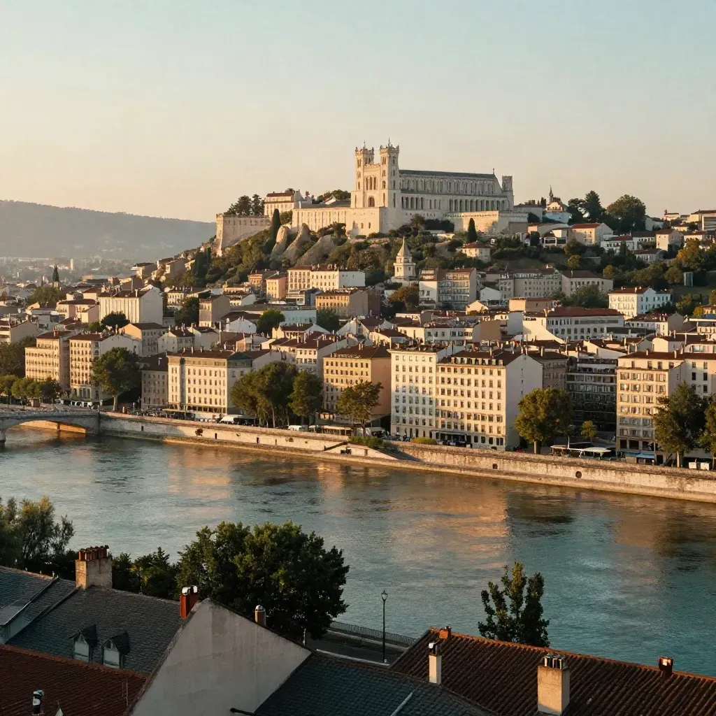 Vue dorée de Lyon avec Fourvière, le Rhône et la Saône sous une brume chaude.