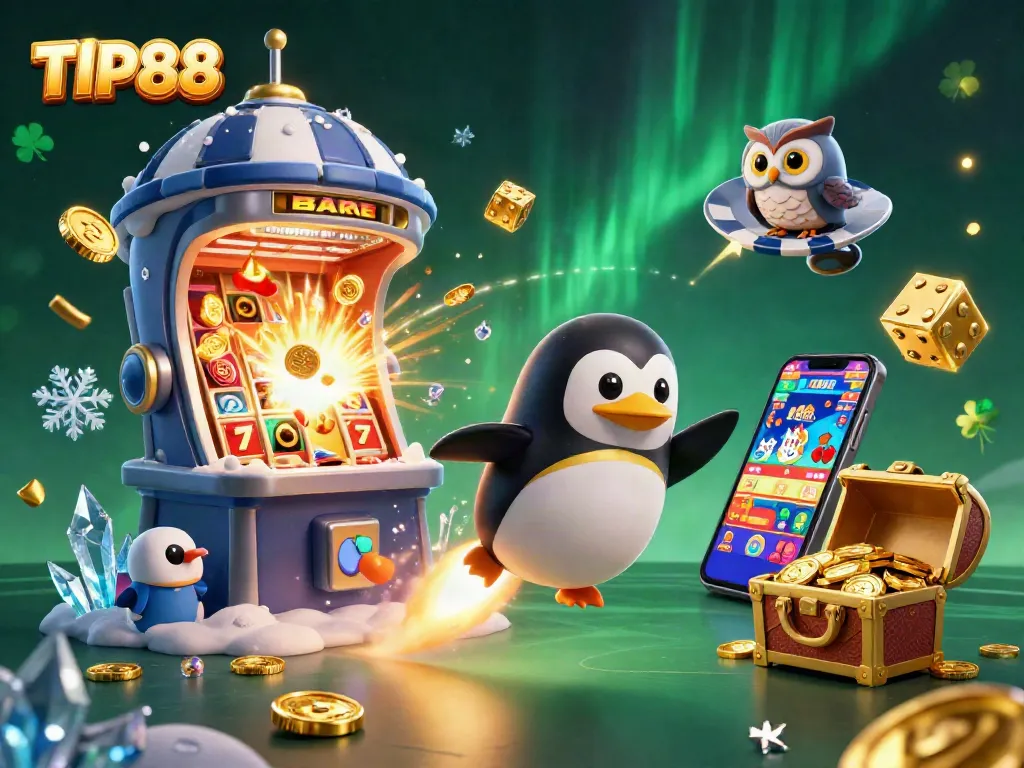 Experience excitement with TIP88, featuring a golden penguin and casino elements in a dynamic 3D scene.